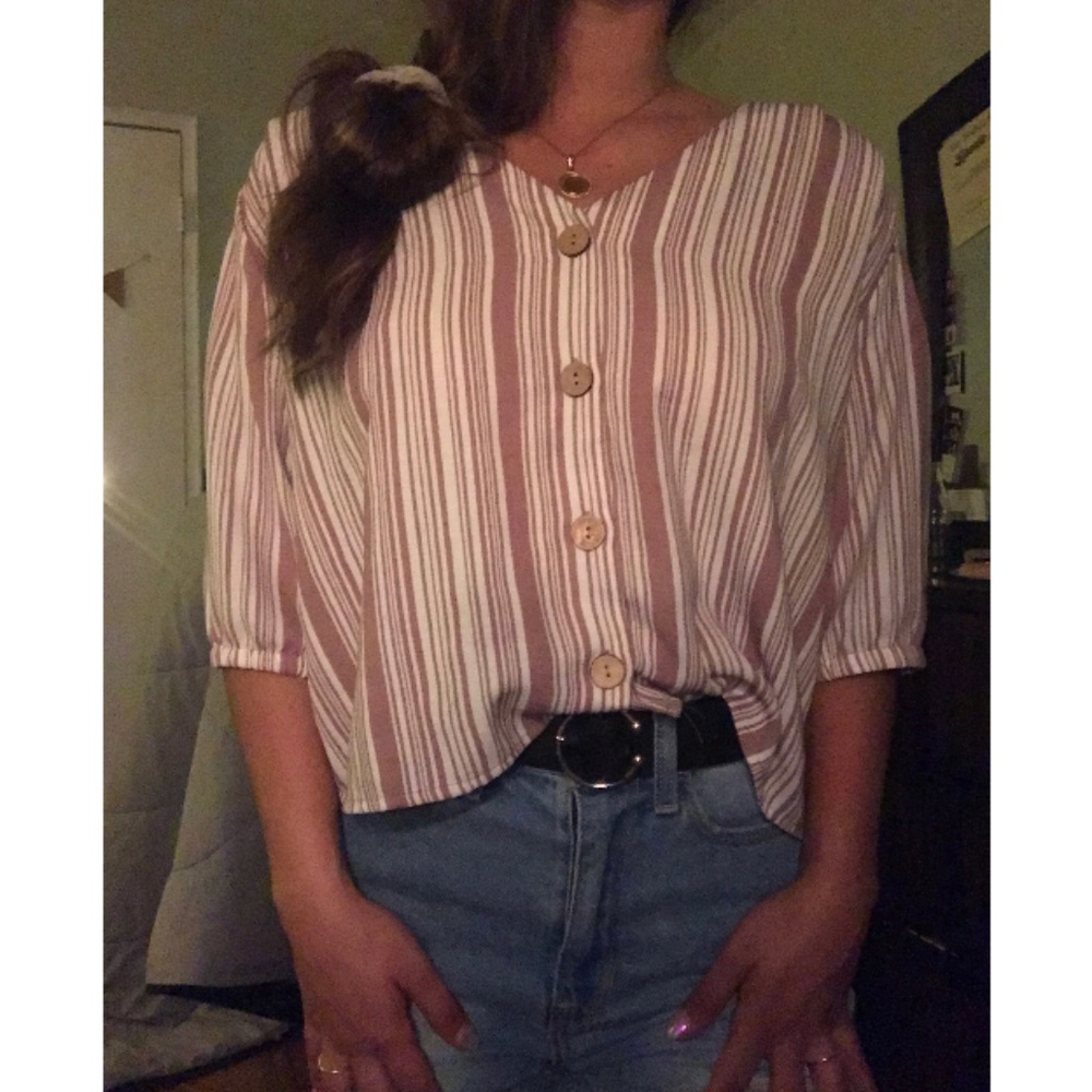 button up stripped pastel pink blouse, size medium
